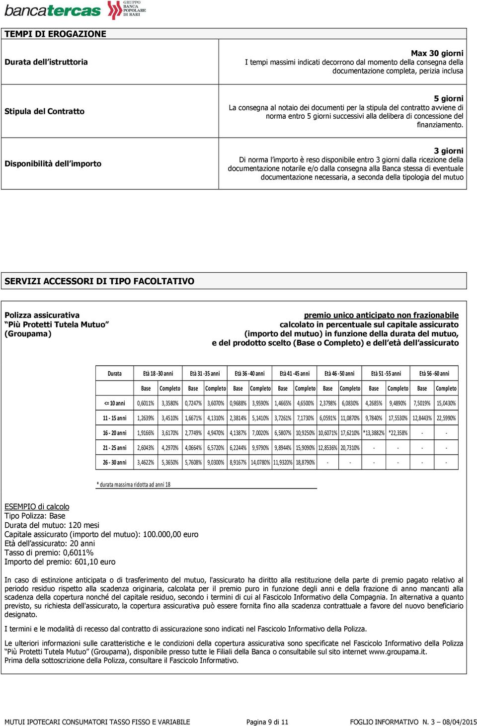 Disponibilità dell importo 3 giorni Di norma l importo è reso disponibile entro 3 giorni dalla ricezione della documentazione notarile e/o dalla consegna alla Banca stessa di eventuale documentazione