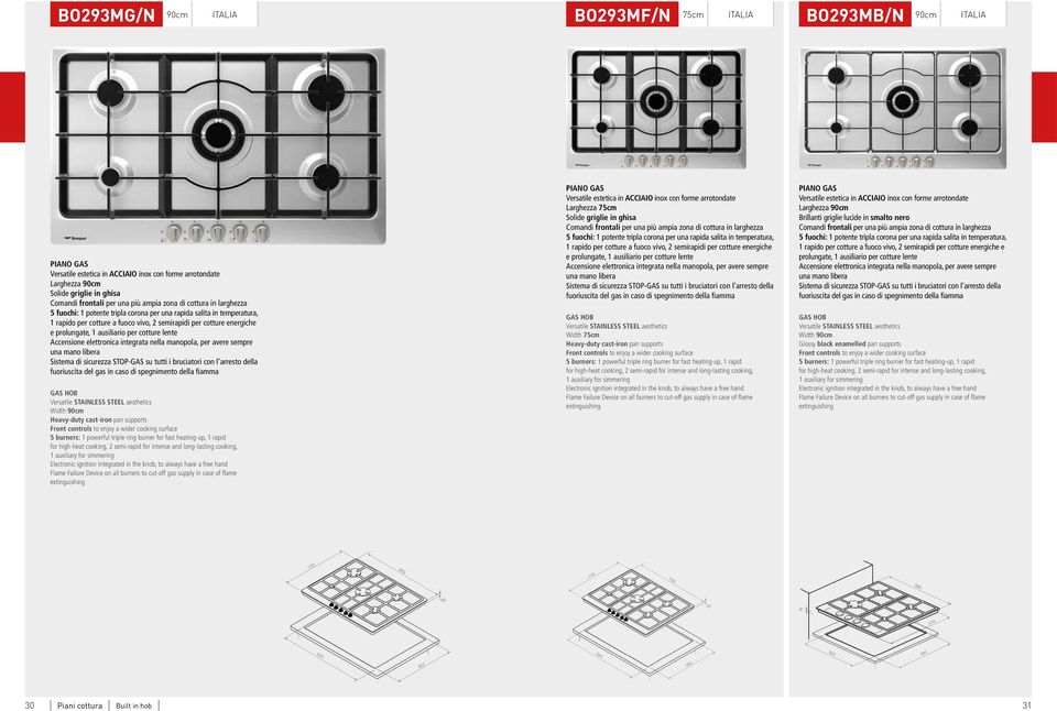 lente Sistema di sicurezza STOP-GAS su tutti i bruciatori con l arresto della fuoriuscita del gas in caso di spegnimento della fiamma Versatile STAINLESS STEEL aesthetics Width 90cm Heavy-duty