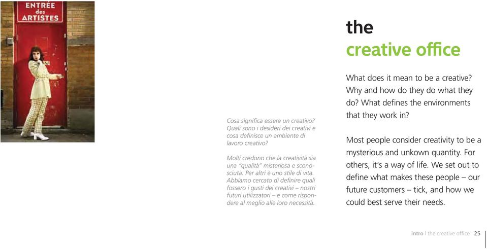 Abbiamo cercato di definire quali fossero i gusti dei creativi nostri futuri utilizzatori e come rispondere al meglio alle loro necessità. What does it mean to be a creative?