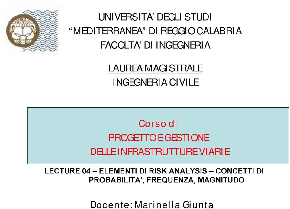 GESTIONE DELLE INFRASTRUTTURE VIARIE LECTURE 04 ELEMENTI DI RISK