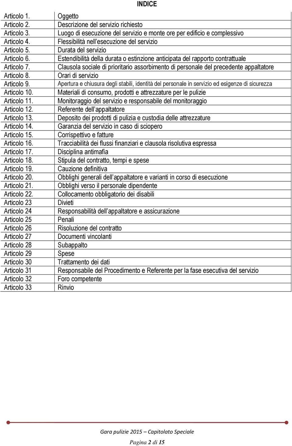 Articolo 23 Articolo 24 Articolo 25 Articolo 26 Articolo 27 Articolo 28 Articolo 29 Articolo 30 Articolo 31 Articolo 32 Articolo 33 INDICE Oggetto Descrizione del servizio richiesto Luogo di