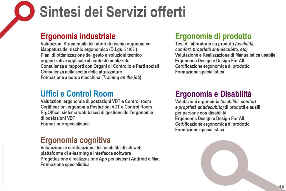 delle attrezzature Formazione a bordo macchina (Training on the job) Uffici e Control Room Valutazioni ergonomia di postazioni VDT e Control room Certificazioni ergonomia Postazioni VDT e Control