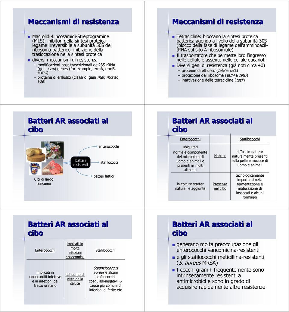 efflusso (classi di geni mef, mrs ad vga) Meccanismi di resistenza Tetracicline: bloccano la sintesi proteica batterica agendo a livello della subunità 30S (blocco della fase di legame