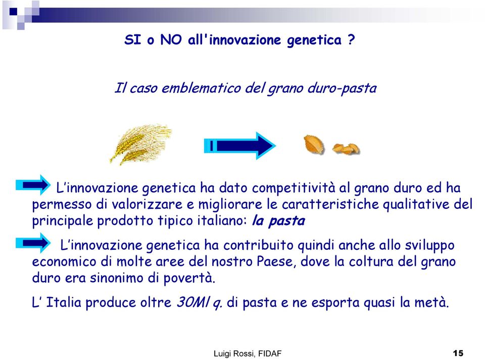 valorizzare e migliorare le caratteristiche qualitative del principale prodotto tipico italiano: la pasta L innovazione