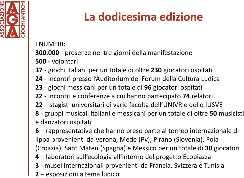 23 - giochi messicani per un totale di 96 giocatori ospitati 22 - incontri e conferenze a cui hanno partecipato 74 relatori 22 stagisti universitari di varie facoltà dell UNIVR e dello IUSVE 8 -