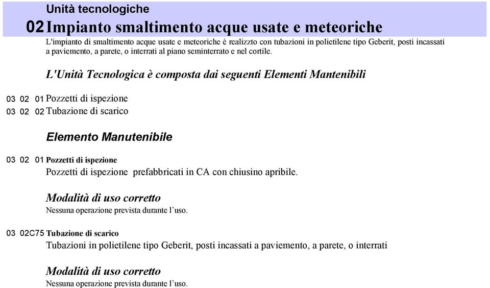 03 02 01 Pozzetti di ispezione 03 02 02 Tubazione di scarico Elemento Manutenibile 03 02 01 Pozzetti di ispezione Pozzetti di ispezione prefabbricati in CA