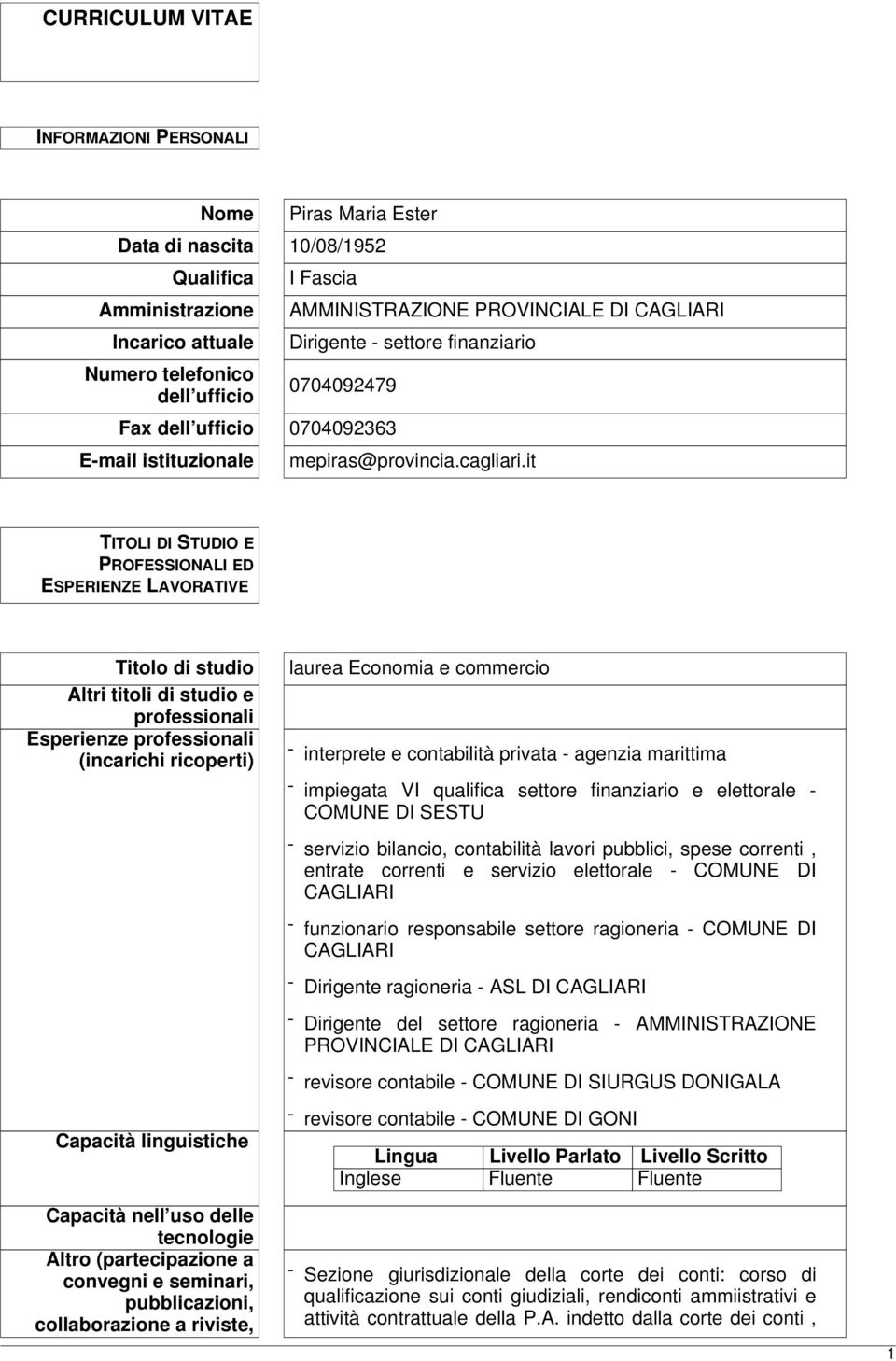 it TITOLI DI STUDIO E PROFESSIONALI ED ESPERIENZE LAVORATIVE Titolo di studio Altri titoli di studio e professionali Esperienze professionali (incarichi ricoperti) laurea Economia e commercio -