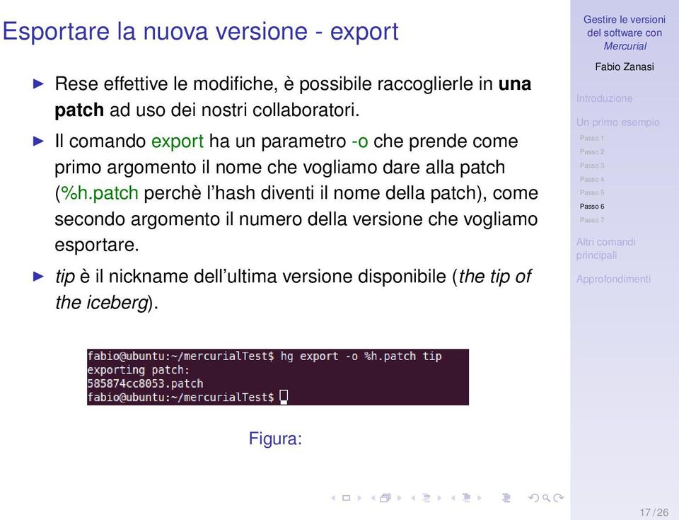 Il comando export ha un parametro -o che prende come primo argomento il nome che vogliamo dare alla patch (%h.