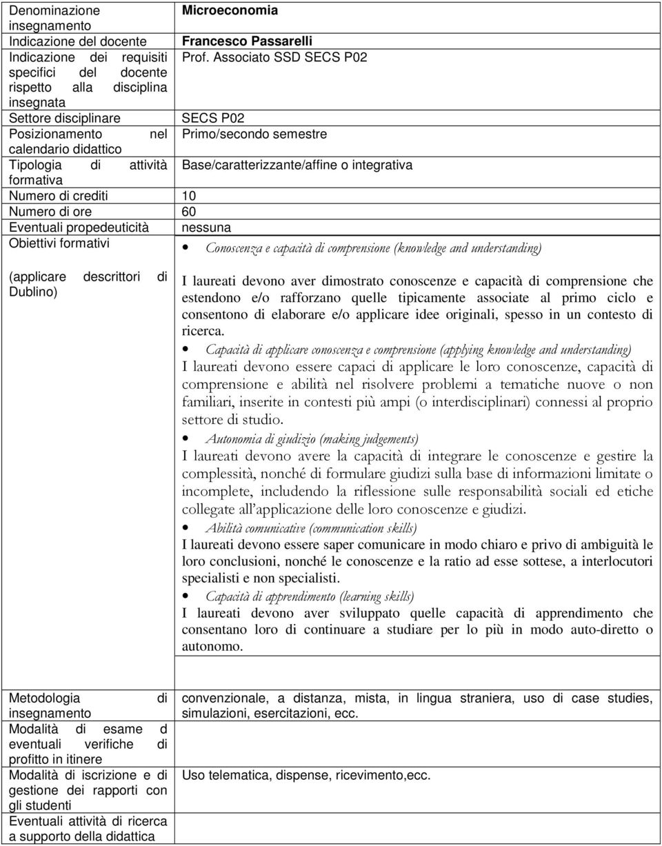 Base/caratterizzante/affine o integrativa formativa Numero di crediti 10 Numero di ore 60 Eventuali propedeuticità nessuna Obiettivi formativi Conoscenza e capacità di comprensione (knowledge and