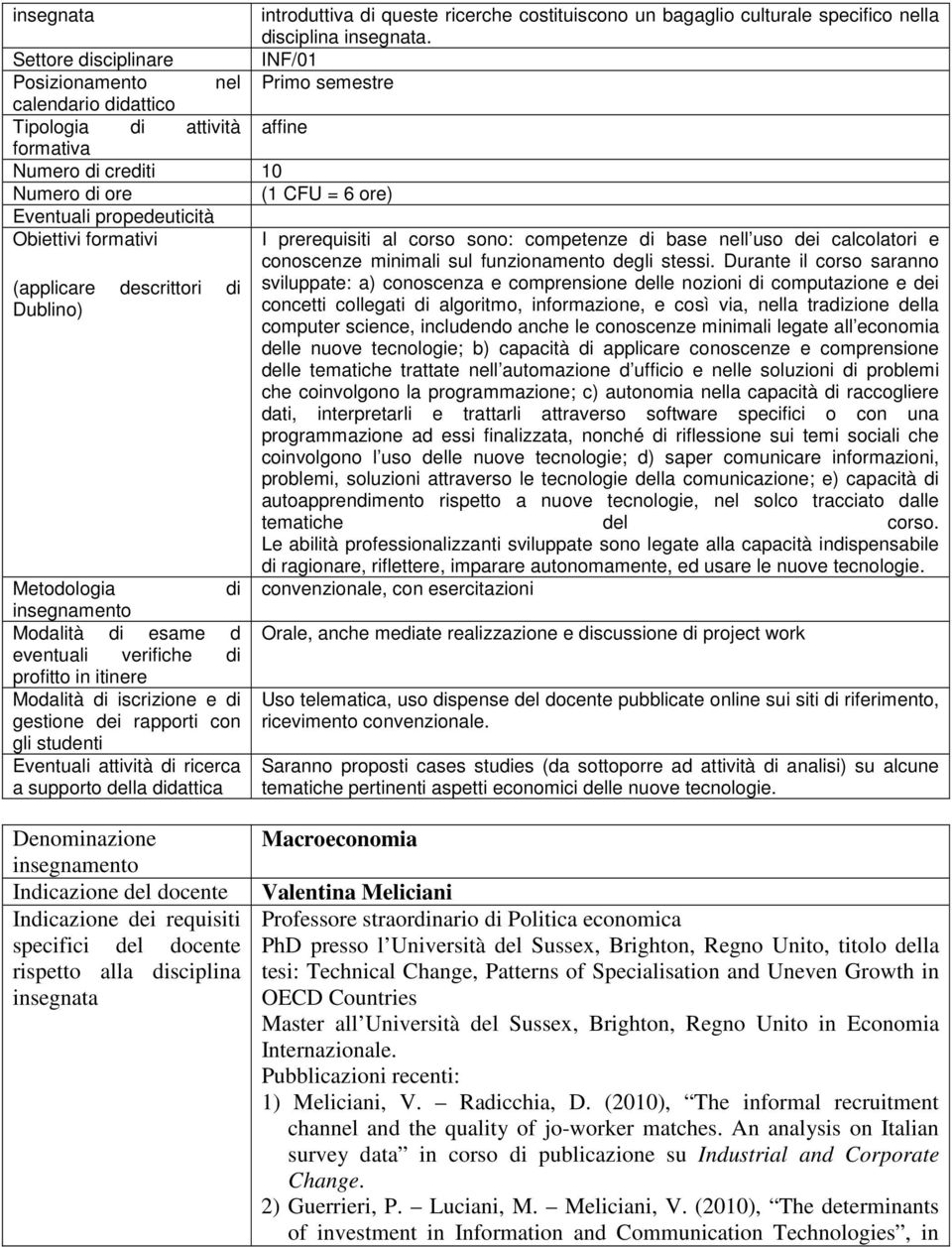 Obiettivi formativi (applicare descrittori di Dublino) Metodologia di Modalità di esame d eventuali verifiche di profitto in itinere Modalità di iscrizione e di gestione dei rapporti con gli studenti