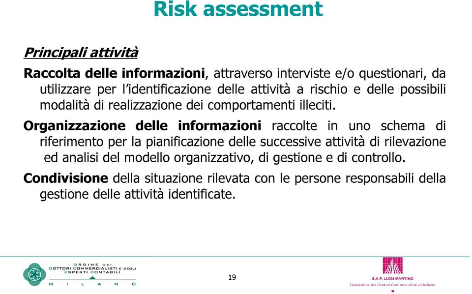 Organizzazione delle informazioni raccolte in uno schema di riferimento per la pianificazione delle successive attività di rilevazione ed