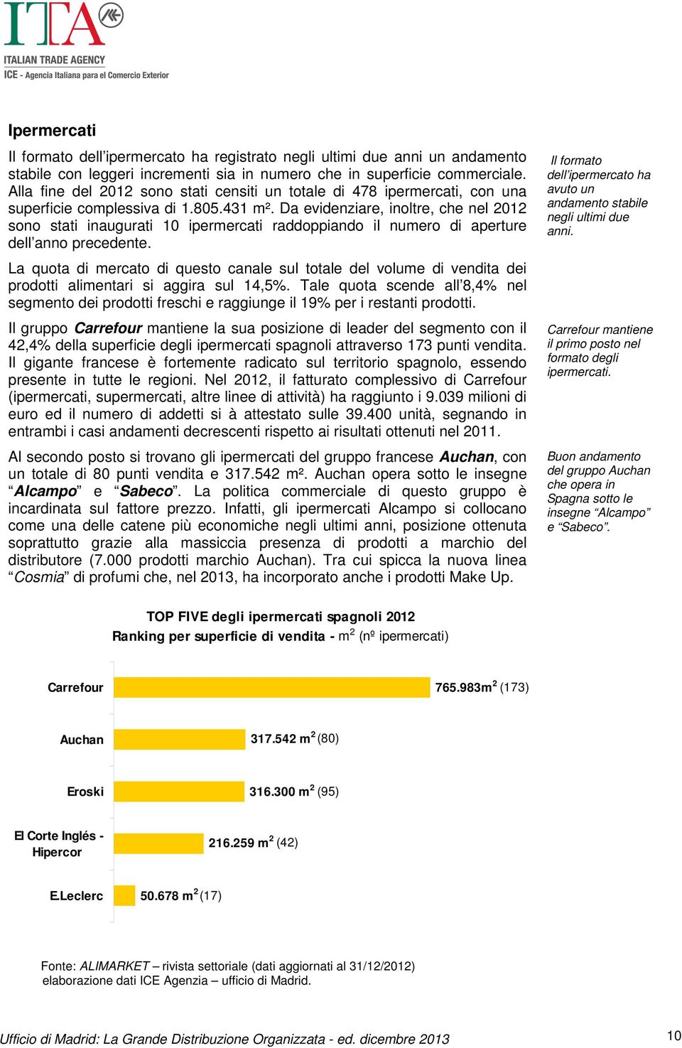 Da evidenziare, inoltre, che nel 2012 sono stati inaugurati 10 ipermercati raddoppiando il numero di aperture dell anno precedente.