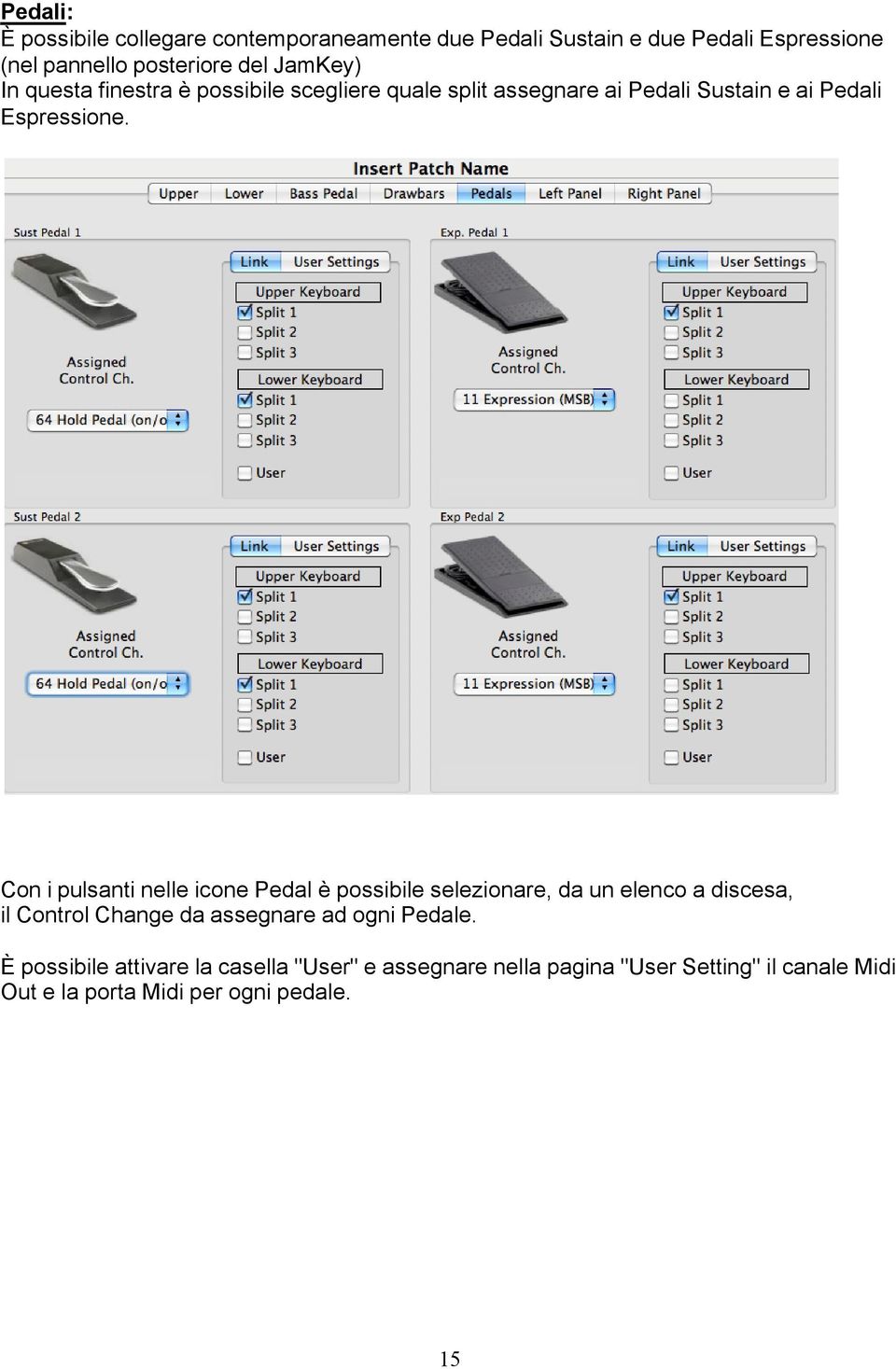 Con i pulsanti nelle icone Pedal è possibile selezionare, da un elenco a discesa, il Control Change da assegnare ad ogni