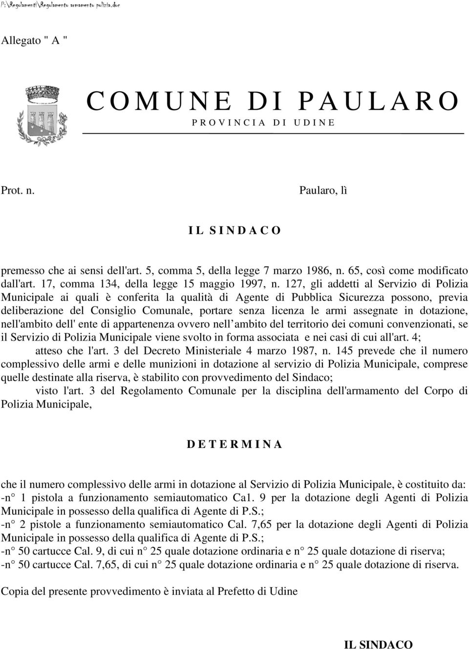 127, gli addetti al Servizio di Polizia Municipale ai quali è conferita la qualità di Agente di Pubblica Sicurezza possono, previa deliberazione del Consiglio Comunale, portare senza licenza le armi