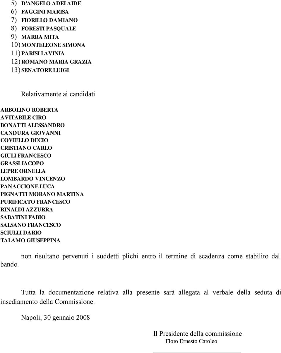 MORANO MARTINA PURIFICATO FRANCESCO RINALDI AZZURRA SABATINI FABIO SALSANO FRANCESCO SCIULLI DARIO TALAMO GIUSEPPINA non risultano pervenuti i suddetti plichi entro il termine di scadenza come