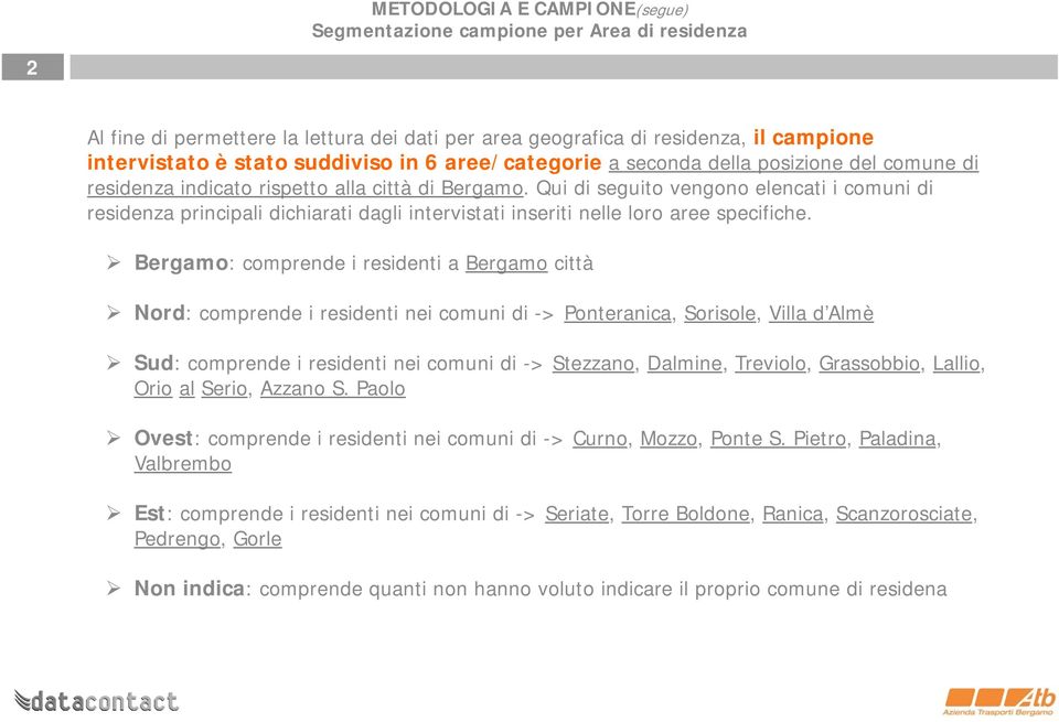 Qui di seguito vengono elencati i comuni di residenza principali dichiarati dagli intervistati inseriti nelle loro aree specifiche.