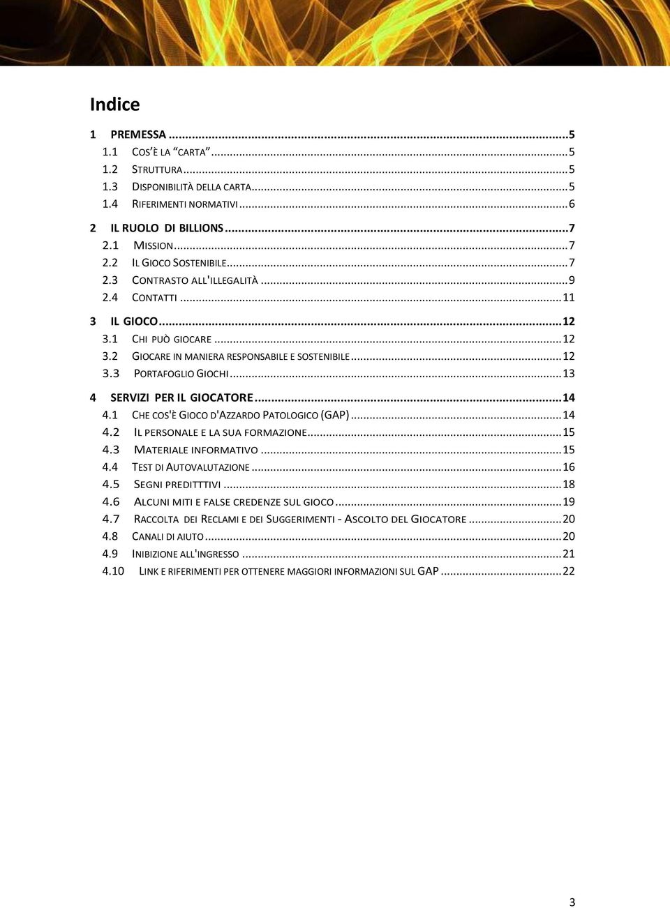 .. 13 4 SERVIZI PER IL GIOCATORE... 14 4.1 CHE COS'È GIOCO D'AZZARDO PATOLOGICO (GAP)... 14 4.2 IL PERSONALE E LA SUA FORMAZIONE... 15 4.3 MATERIALE INFORMATIVO... 15 4.4 TEST DI AUTOVALUTAZIONE.