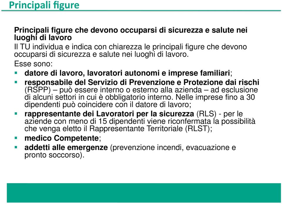 Esse sono: datore di lavoro, lavoratori autonomi e imprese familiari; responsabile del Servizio di Prevenzione e Protezione dai rischi (RSPP) può essere interno o esterno alla azienda ad esclusione