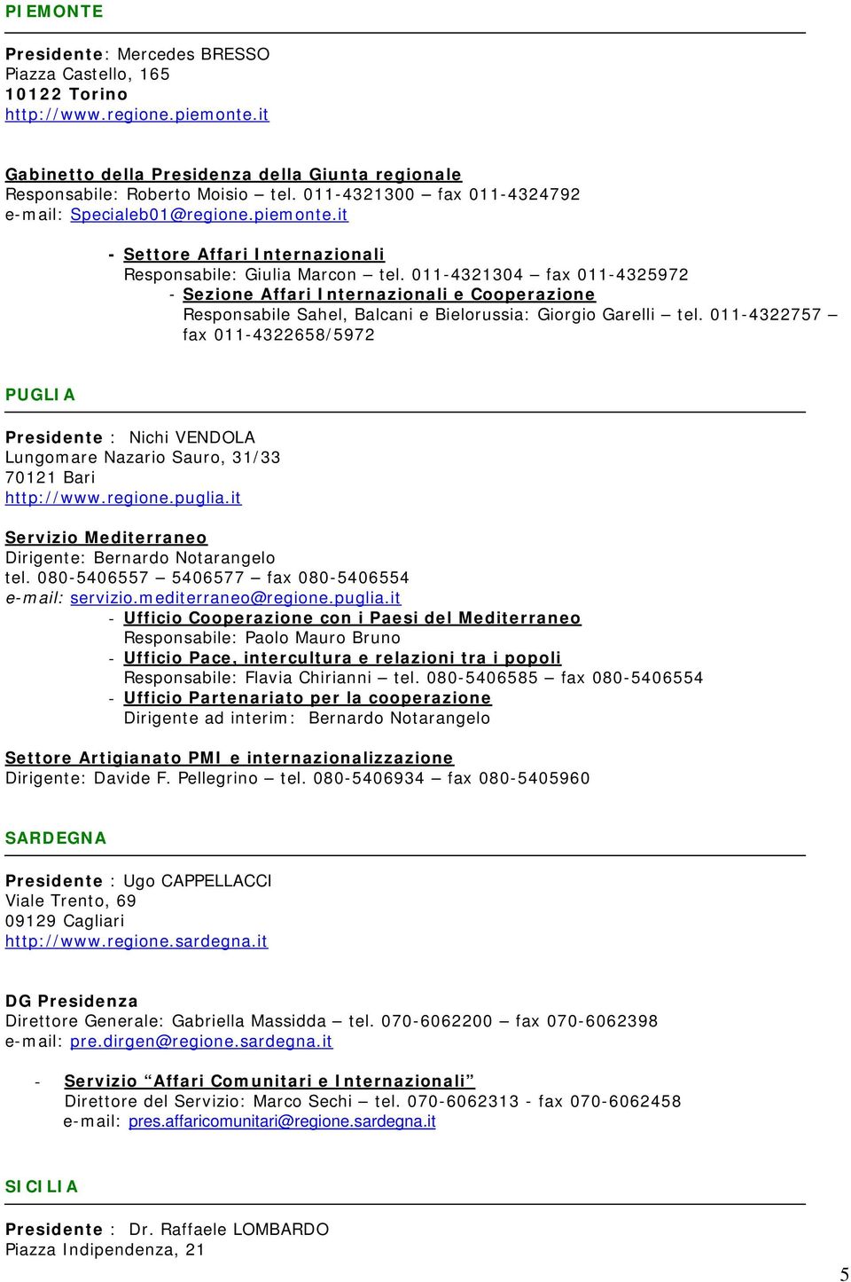 011-4321304 fax 011-4325972 - Sezione Affari Internazionali e Cooperazione Responsabile Sahel, Balcani e Bielorussia: Giorgio Garelli tel.