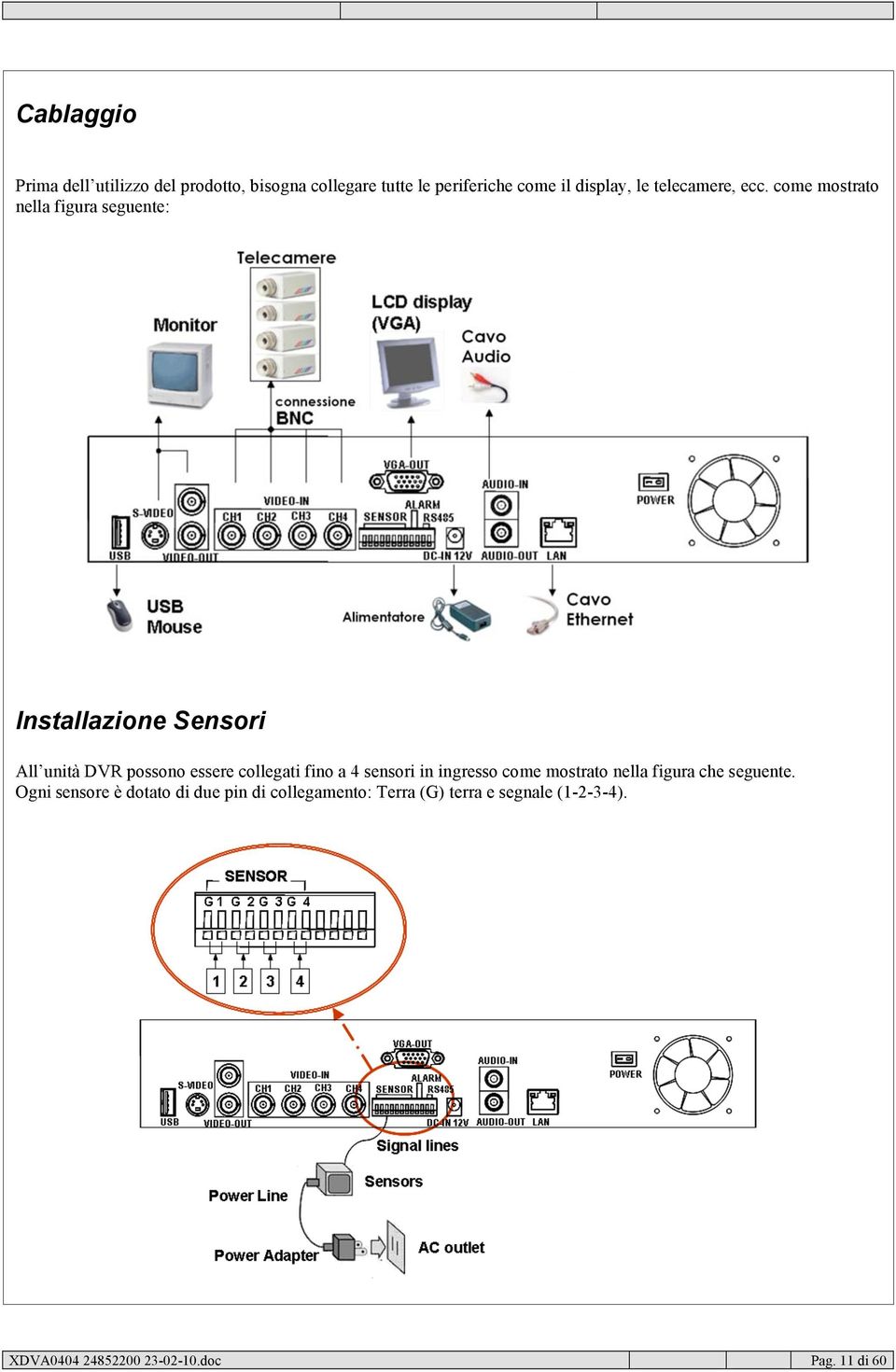 come mostrato nella figura seguente: Installazione Sensori All unità DVR possono essere collegati fino a