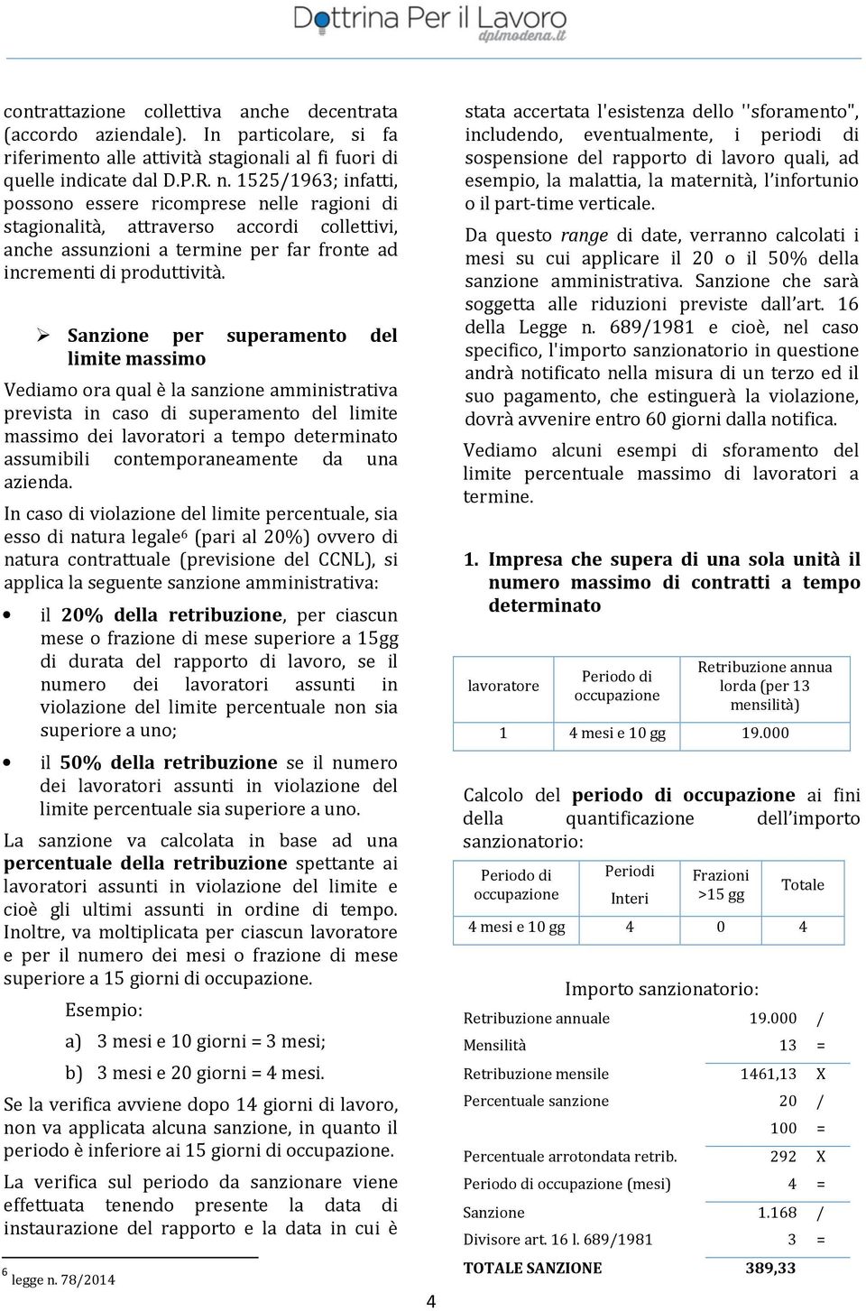 Sanzione per superamento del limite massimo Vediamo ora qual è la sanzione amministrativa prevista in caso di superamento del limite massimo dei lavoratori a tempo determinato assumibili