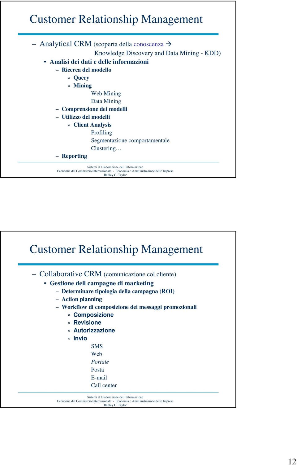 Reporting Customer Relationship Management Collaborative CRM (comunicazione col cliente) Gestione dell campagne di marketing Determinare tipologia della campagna