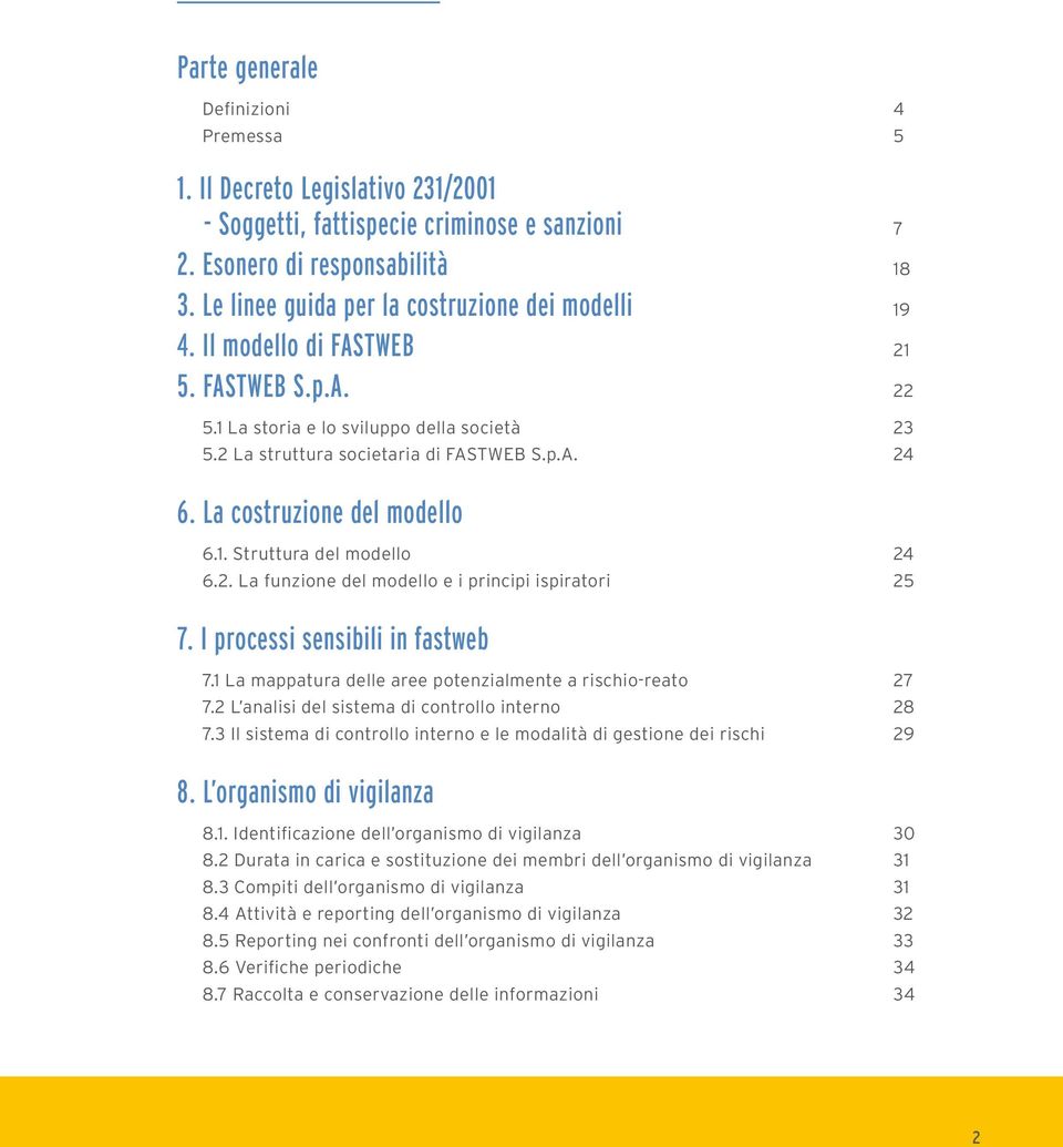 La costruzione del modello 6.1. Struttura del modello 24 6.2. La funzione del modello e i principi ispiratori 25 7. I processi sensibili in fastweb 7.