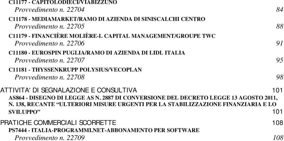 22707 95 C11181 - THYSSENKRUPP POLYSIUS/VECOPLAN Provvedimento n. 22708 98 ATTIVITA' DI SEGNALAZIONE E CONSULTIVA 101 AS864 - DISEGNO DI LEGGE AS N.