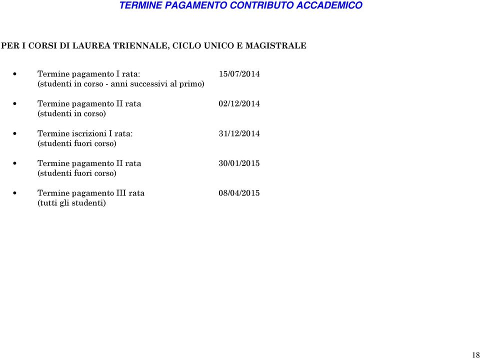 02/12/2014 (studenti in corso) Termine iscrizioni I rata: 31/12/2014 (studenti fuori corso) Termine