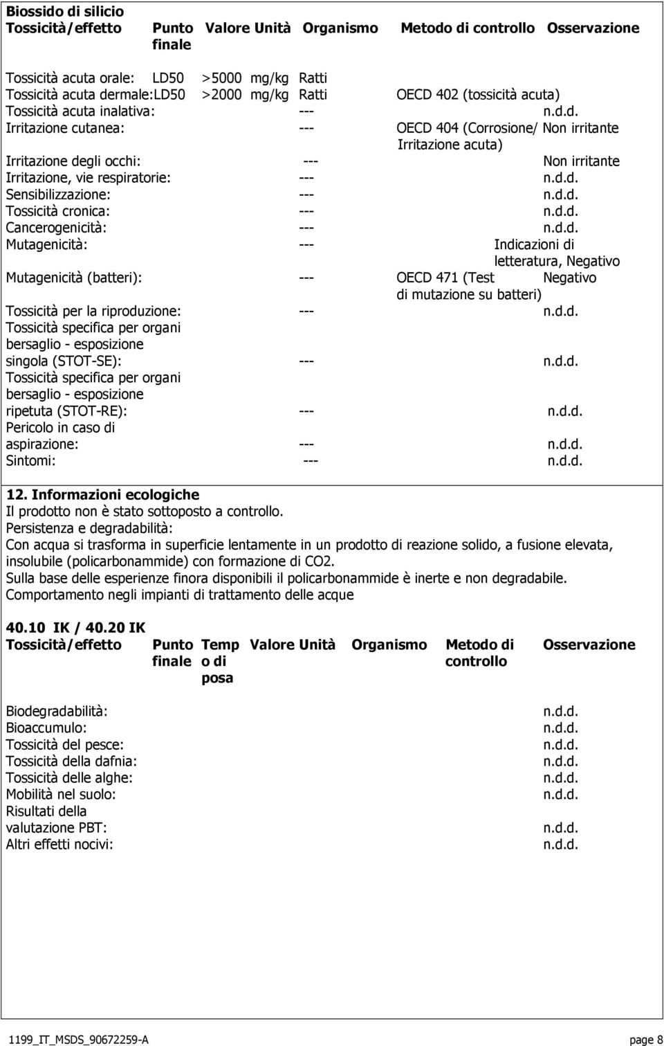 respiratorie: --- Sensibilizzazione: --- Tossicità cronica: --- Cancerogenicità: --- Mutagenicità: --- Indicazioni di letteratura, Negativo Mutagenicità (batteri): --- OECD 471 (Test Negativo di