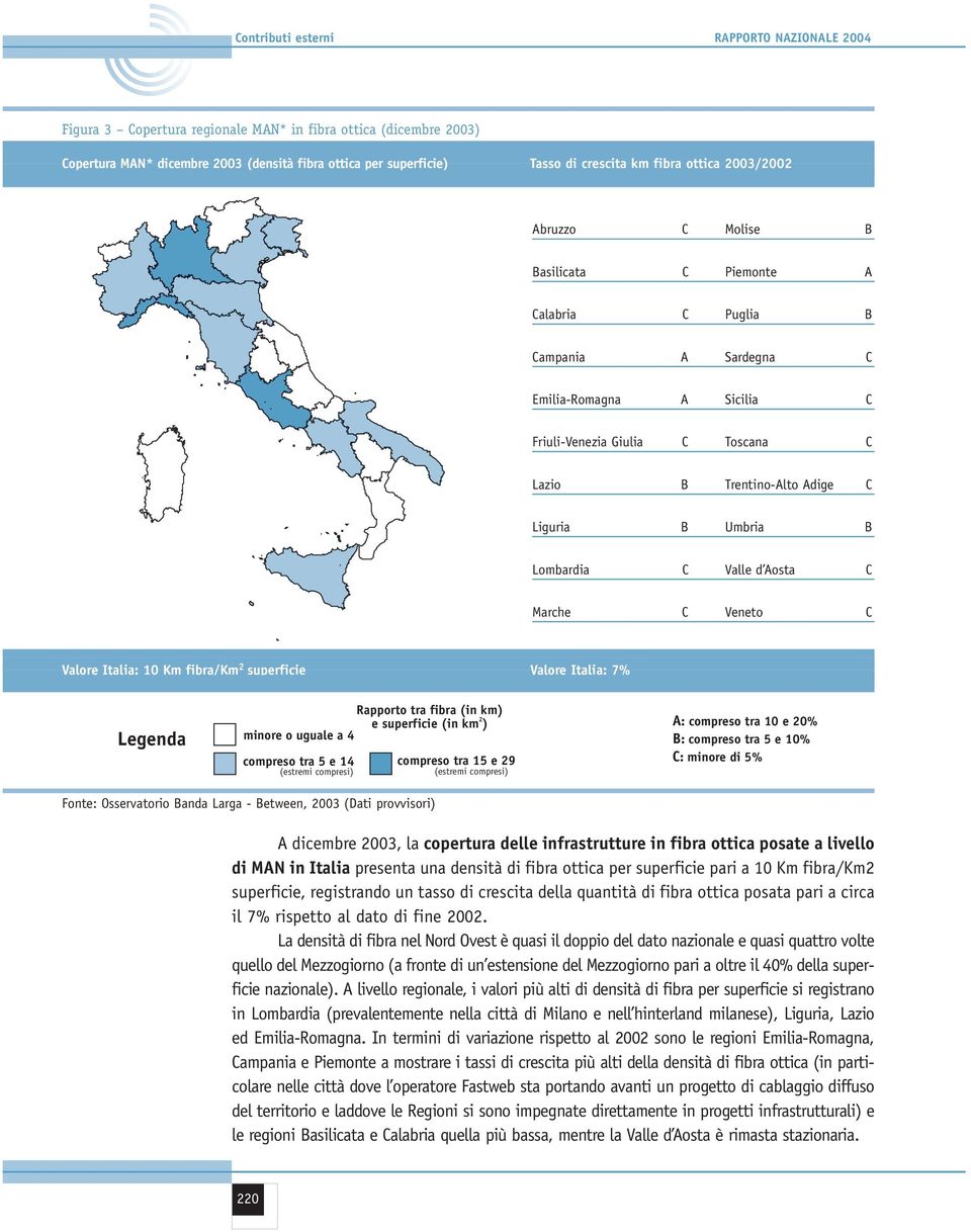 Umbria B Lombardia C Valle d Aosta C Marche C Veneto C Valore Italia: 10 Km fibra/km 2 superficie Valore Italia: 7% Legenda minore o uguale a 4 Rapporto tra fibra (in km) e superficie (in km )