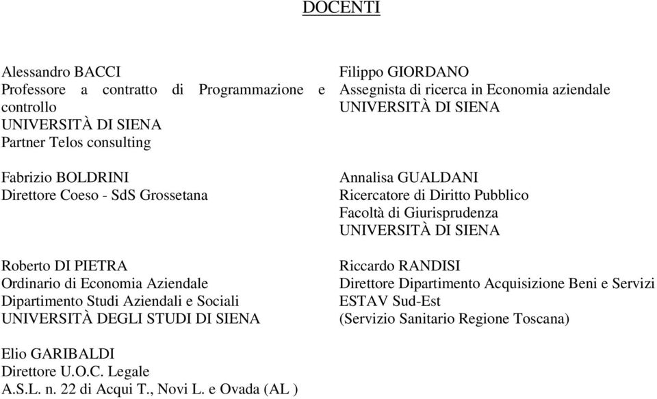 ricerca in Economia aziendale UNIVERSITÀ DI SIENA Annalisa GUALDANI Ricercatore di Diritto Pubblico Facoltà di Giurisprudenza UNIVERSITÀ DI SIENA Riccardo RANDISI