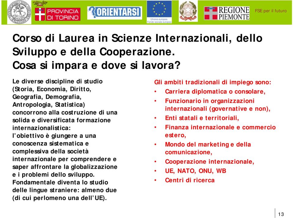 l obiettivo è giungere a una conoscenza sistematica e complessiva della società internazionale per comprendere e saper affrontare la globalizzazione e i problemi dello sviluppo.