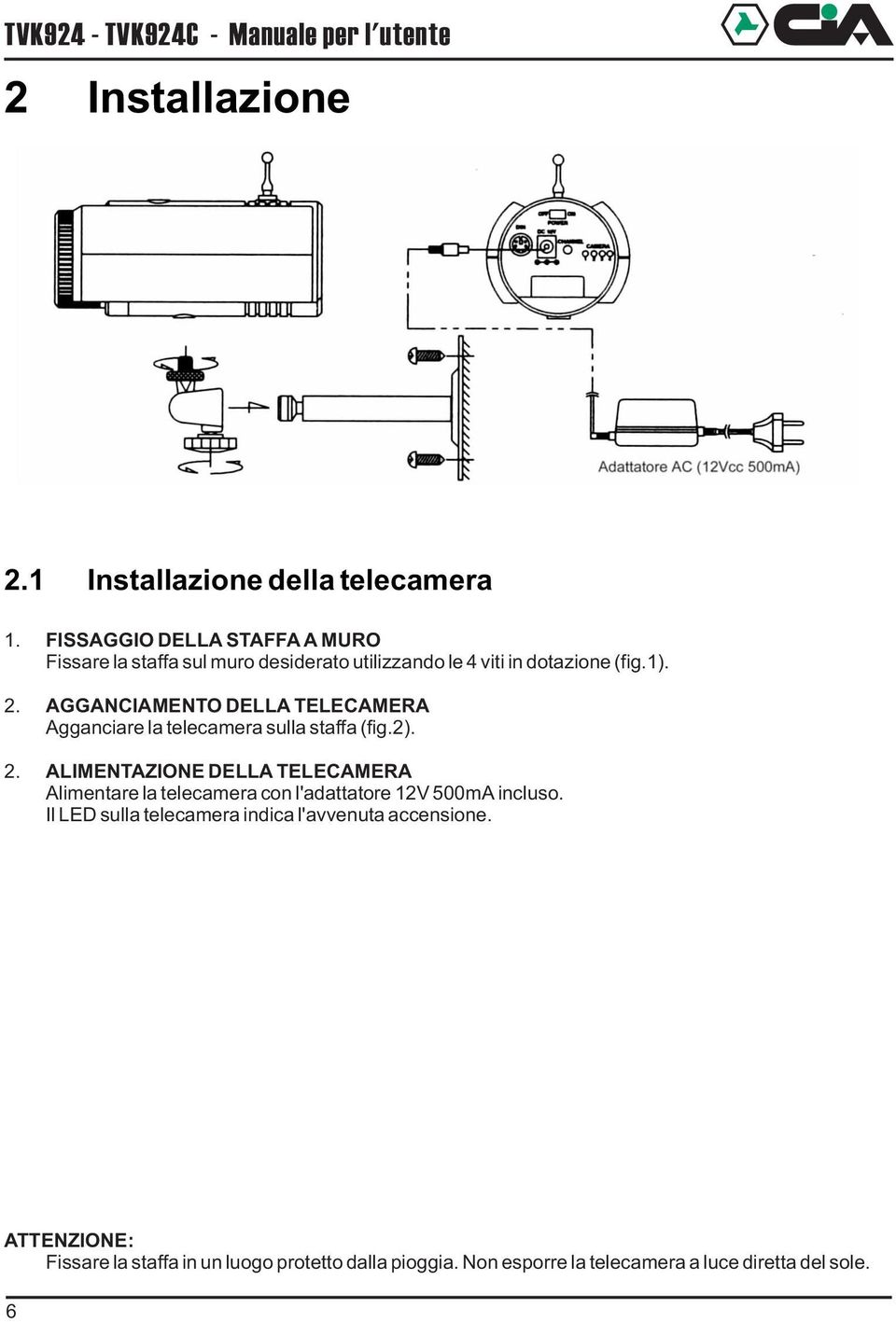 1). AGGANCIAMENTO DELLA TELECAMERA Agganciare la telecamera sulla staffa (fig.2).