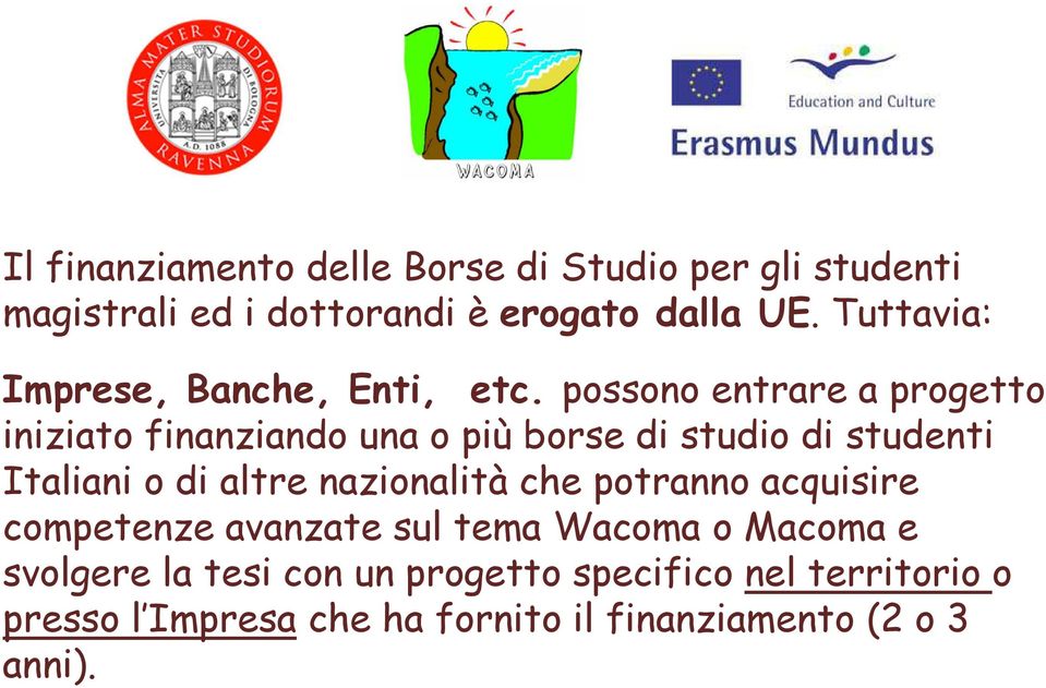 possono entrare a progetto iniziato finanziando una o più borse di studio di studenti Italiani o di altre