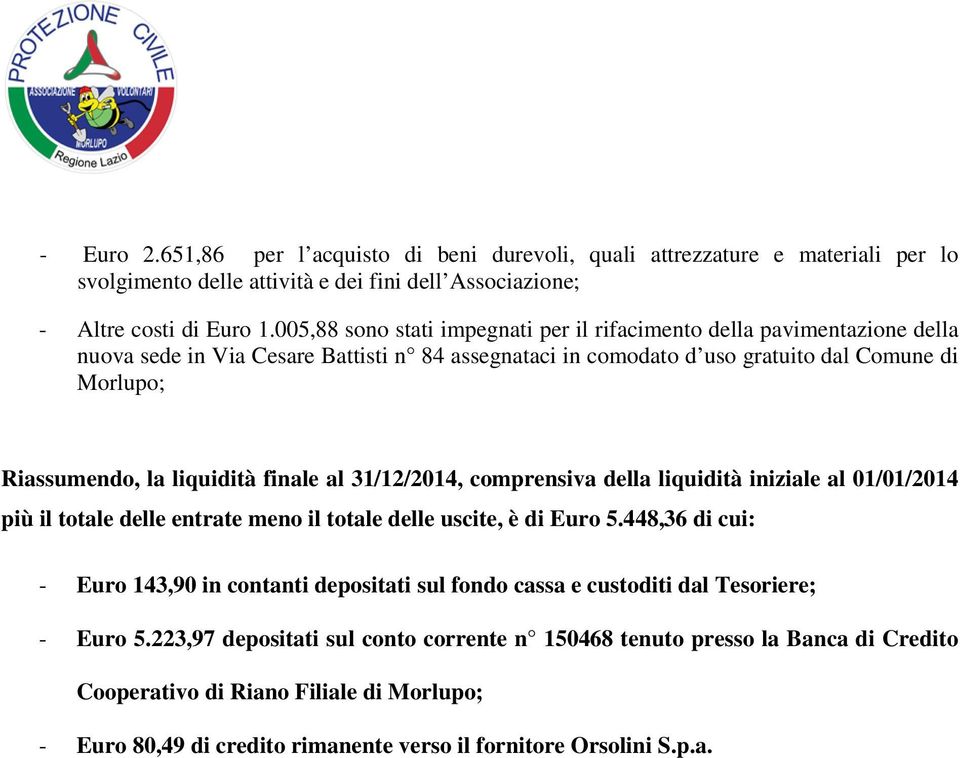 liquidità finale al 31/12/2014, comprensiva della liquidità iniziale al 01/01/2014 più il totale delle entrate meno il totale delle uscite, è di Euro 5.