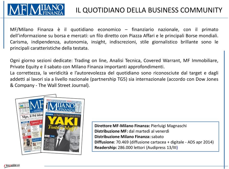 Ogni giorno sezioni dedicate: Trading on line, Analisi Tecnica, Covered Warrant, MF Immobiliare, Private Equity e il sabato con Milano Finanza importanti approfondimenti.