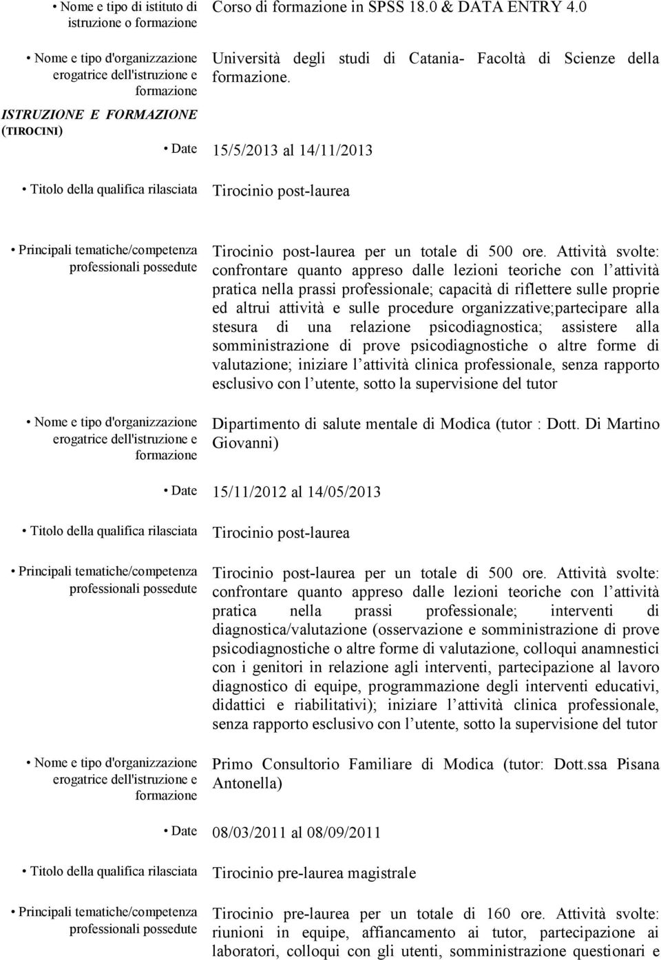 organizzative;partecipare alla stesura di una relazione psicodiagnostica; assistere alla somministrazione di prove psicodiagnostiche o altre forme di valutazione; iniziare l attività clinica