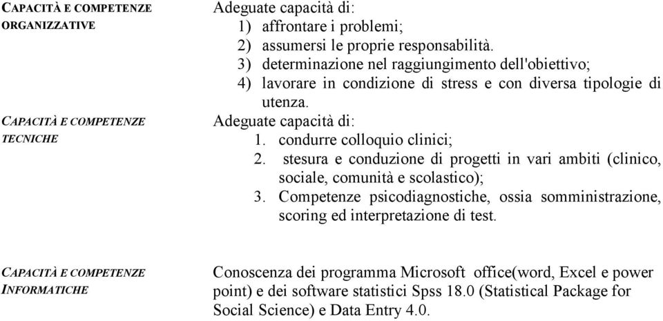 condurre colloquio clinici; 2. stesura e conduzione di progetti in vari ambiti (clinico, sociale, comunità e scolastico); 3.