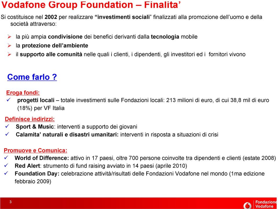 Eroga fondi: progetti locali totale investimenti sulle Fondazioni locali: 213 milioni di euro, di cui 38,8 mil di euro (18%) per VF Italia Definisce indirizzi: Sport & Music: interventi a supporto