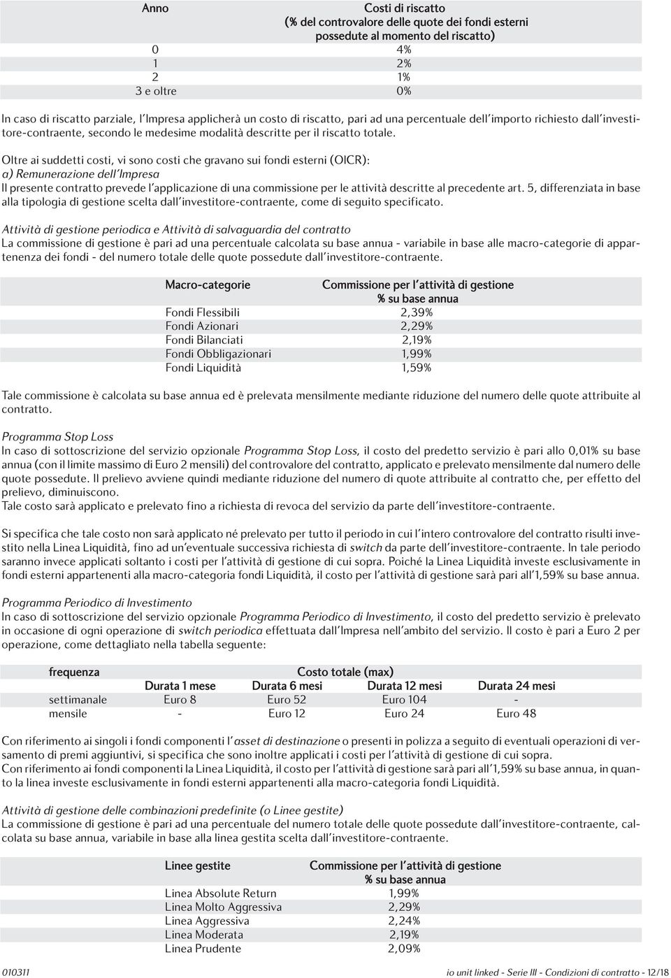 Oltre ai suddetti costi, vi sono costi che gravano sui fondi esterni (OICR): a) Remunerazione dell Impresa Il presente contratto prevede l applicazione di una commissione per le attività descritte al