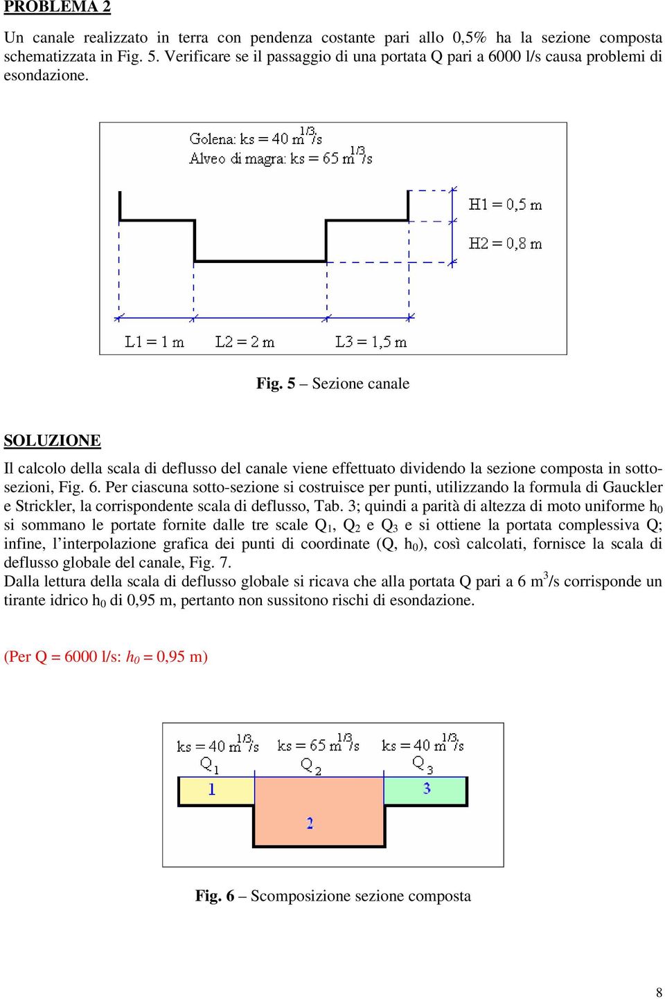 5 Sezione canale SOLUZIONE Il calcolo della scala di deflusso del canale viene effettuato dividendo la sezione composta in sottosezioni, Fig. 6.