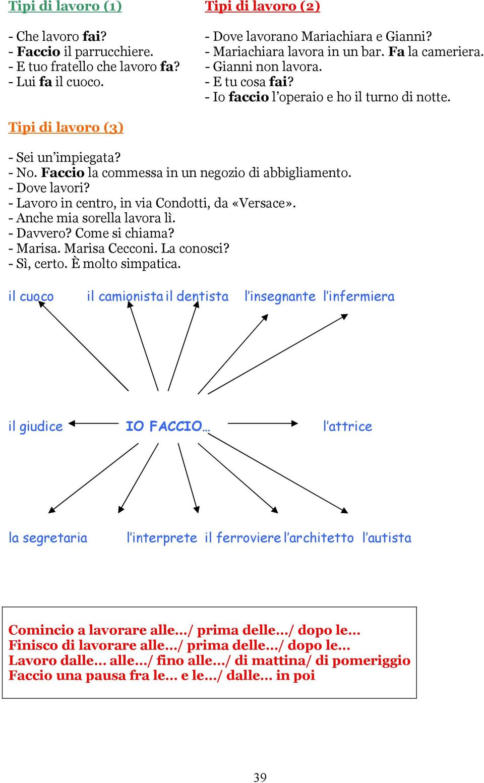 - Dove lavori? - Lavoro in centro, in via Condotti, da «Versace». - Anche mia sorella lavora lì. - Davvero? Come si chiama? - Marisa. Marisa Cecconi. La conosci? - Sì, certo. È molto simpatica.