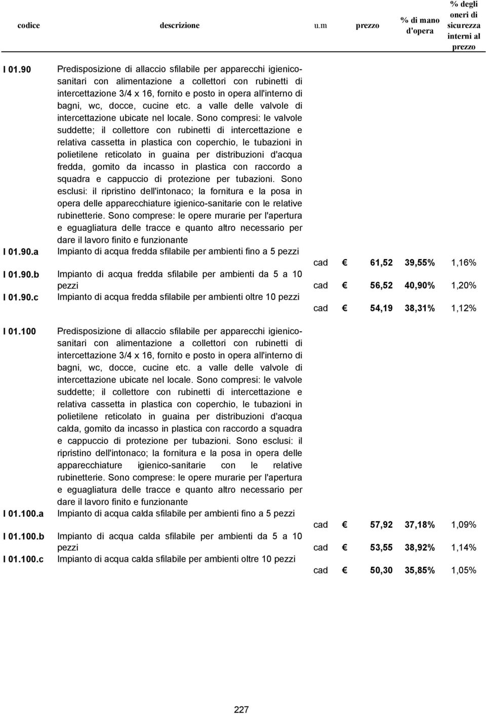 a Predisposizione di allaccio sfilabile per apparecchi igienicosanitari con alimentazione a collettori con rubinetti di intercettazione 3/4 x 16, fornito e posto in opera all'interno di bagni, wc,