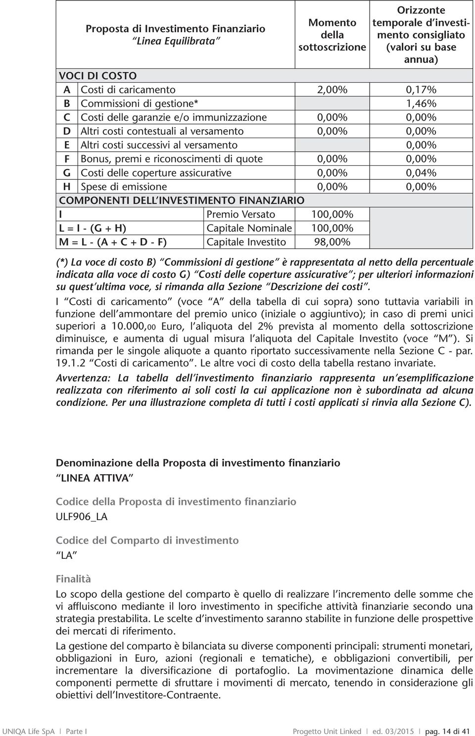 premi e riconoscimenti di quote 0,00% 0,00% G Costi delle coperture assicurative 0,00% 0,04% H Spese di emissione 0,00% 0,00% COMPONENTI DELL INVESTIMENTO FINANZIARIO I Premio Versato 100,00% L = I -