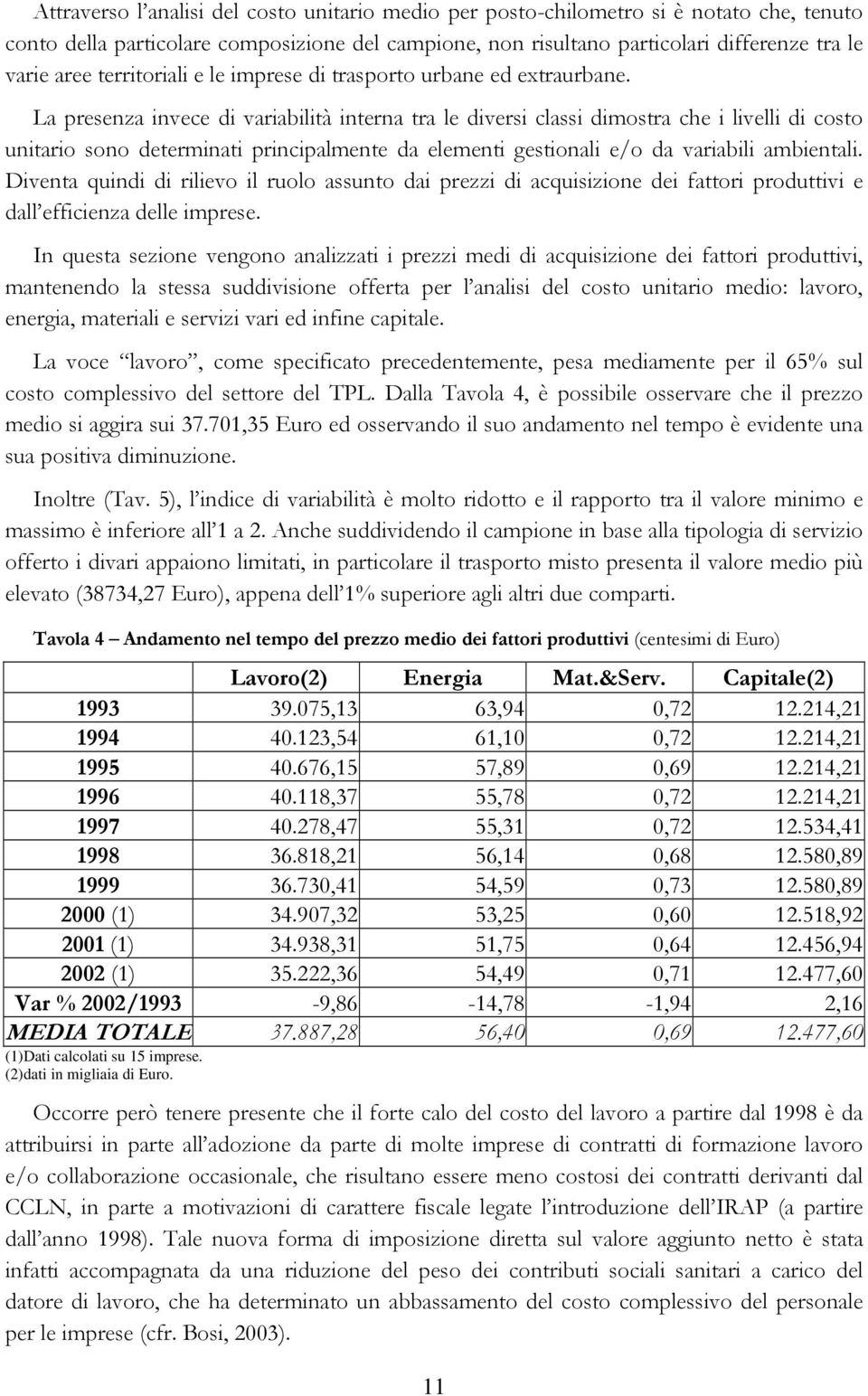 La presenza invece di variabilità interna tra le diversi classi dimostra che i livelli di costo unitario sono determinati principalmente da elementi gestionali e/o da variabili ambientali.