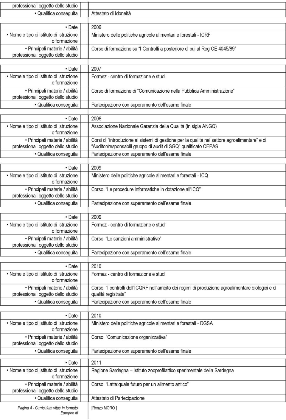 Nazionale Garanzia della Qualità (in sigla ANGQ) Corsi di introduzione ai sistemi di gestione per la qualità nel settore agroalimentare e di Auditor/responsabili gruppo di audit di SGQ qualificato