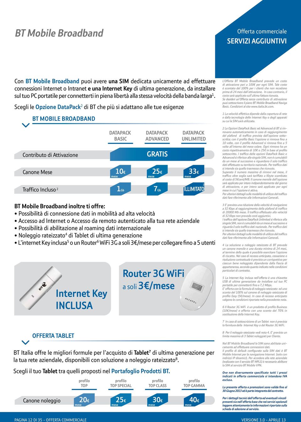 Scegli le Opzione DataPack 2 di BT che più si adattano alle tue esigenze BT MOBILE BROADBAND BT MOBILE BROADBAND Contributo di Attivazione DATAPACK BASIC DATAPACK ADVANCED DATAPACK UNLIMITED Canone