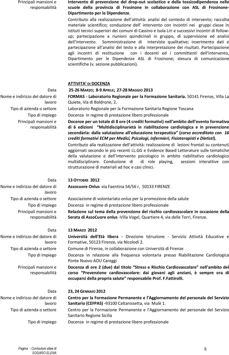 superiori dei comuni di Cassino e Isola Liri e successivi incontri di followup; partecipazione a riunioni quindicinali in gruppo, di supervisione ed analisi dell intervento.