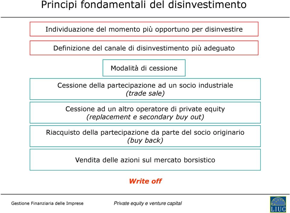 industriale (trade sale) Cessione ad un altro operatore di private equity (replacement e secondary buy out)